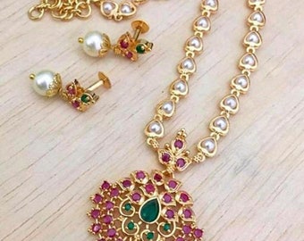 Gold Plated CZ Stone Southindian Temple Jewelry Set For women & Girls/ Indian Temple Necklace/ Southindian jewelry set/ Gold Green Necklace