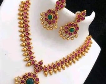 Antique Gold matte Finish Ruby Gemstone South Indian Jewelry Choker Set For women/ Southindian Gold jewelry set/ Indian God Laxmi Necklace