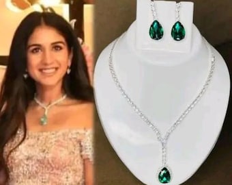 Radhika Ambani Green Stone AD Designer Long Diamond Necklace Set / Southindian Silver jewelry set/ Indian Long Necklace/ Crystal Necklace