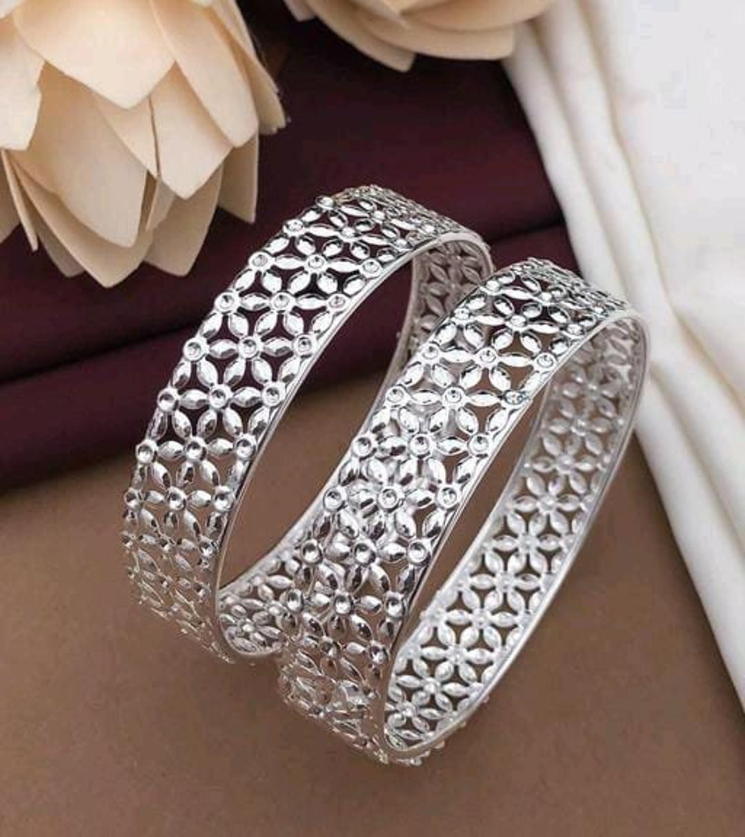 Designer Silver Polish Kada Bangles/ Indian Silver Kada Set/ Boho