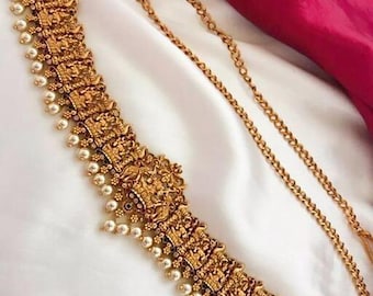 South Indian Designer Temple Vaddanam, Gold Plated Hip Belt, Saree Kamarbandh, Bollywood Pearls Hip Belt, Adjustable Waist Belt