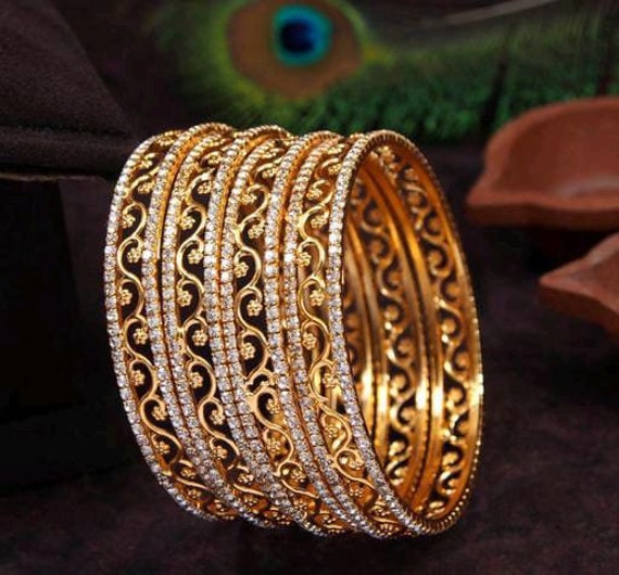 Designer Gold Plated American Diamond Set Of Bangles, Gold Bangles Set,  Daily Wear Bangles, Indian Bangles, Gold Bangles, Indian Kada Set