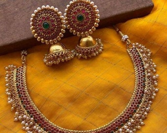 Southindian Gold plated Bridal Saree Choker Necklace Set For women/ Bridesmaid Gift/ Southindian Bridal Jewelry set/ Temple indian Jewelry