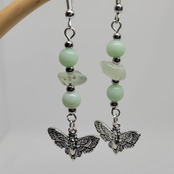 Death Head Moth Earrings with Jade and Fluorite Beads - Whimsical Insect Accessories