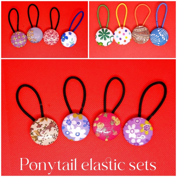 Small Button Ponytail Elastics - 4 Piece Set - Upcycled Fabric - Covered Buttons