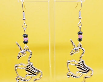 Unicorn Skeleton Earrings with Hematite Beads | OOAK Fantasy Jewelry, Goblincore, Goth