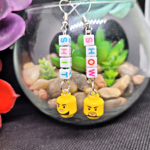 Ringmaster of the  "SHIT SHOW" Colorful Letter Block Earrings with Bearded Minifig Heads - Edgy and Playful Word Earrings