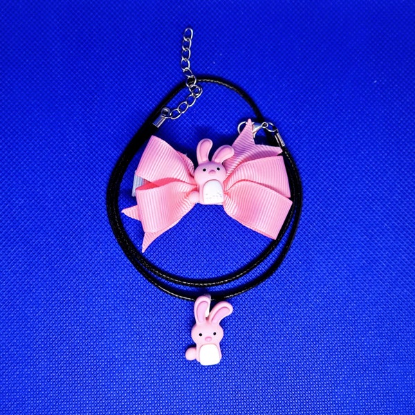 Ensemble noeud à cheveux et collier parfait lapin rose - Accessoires adorables