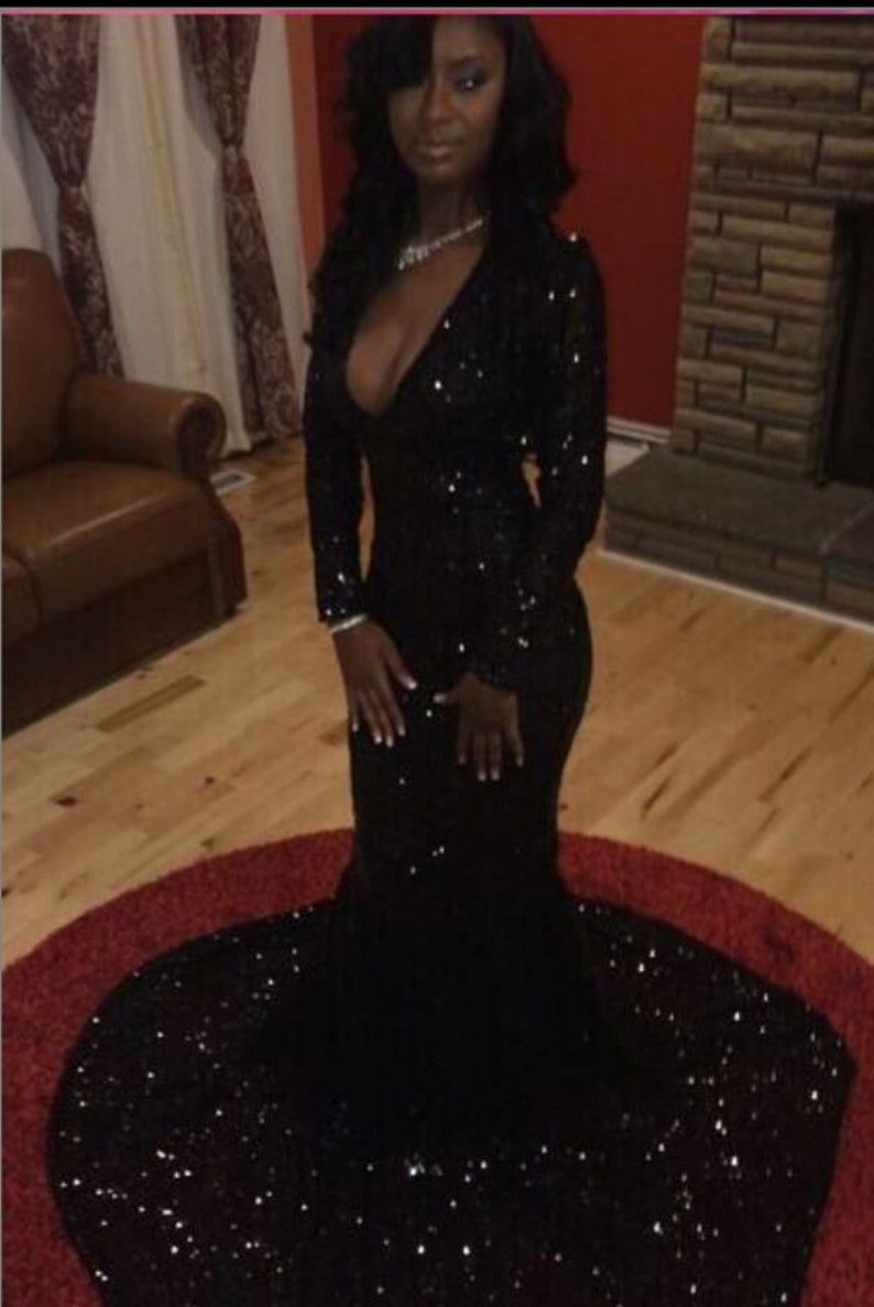 Black Sequins Cap Sleeves Long V-neckline Bridesmaid Dress, Sequins Junior Prom Dress