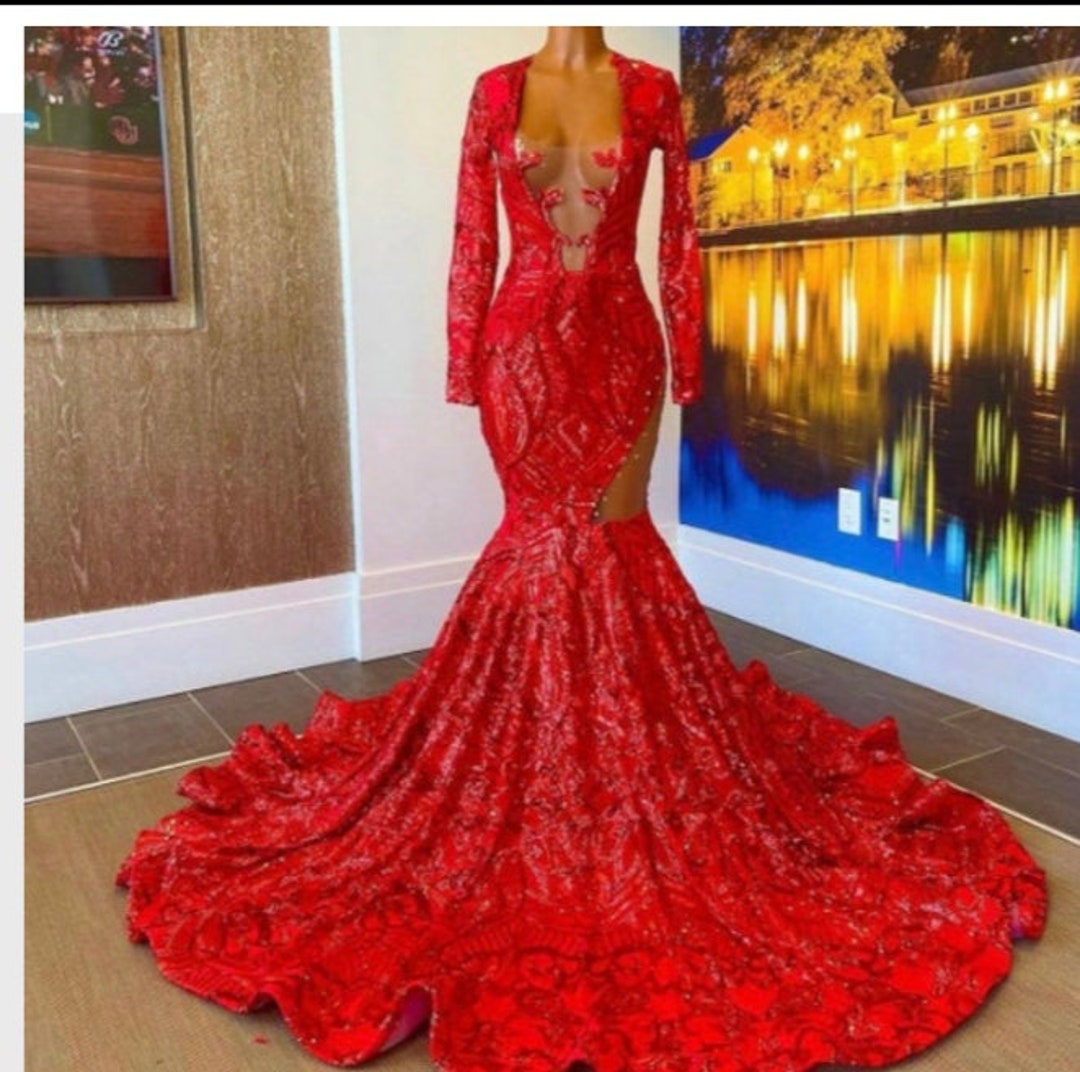 Deep V Neck Red Prom Dress, Wedding Reception Dress, Evening Gown ...