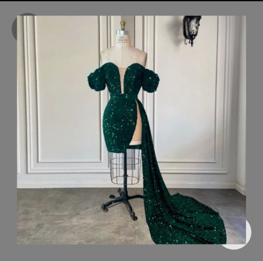 Emerald Green Mid Thigh Sequins Dress With Train Short Green - Etsy