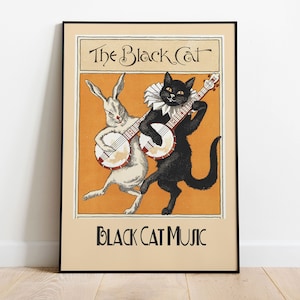 Cartel de gato negro, cartel vintage, cartel de animales, arte imprimible, descargar impresión de arte, cartel antiguo musical