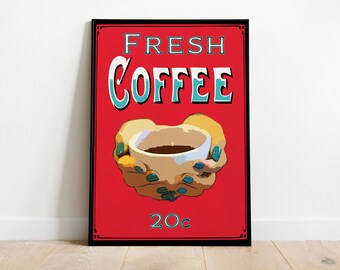 May include: A vintage-style poster advertising fresh coffee. The poster features a red background with the words "FRESH COFFEE" in white and blue lettering. A pair of hands are holding a white coffee cup with brown coffee inside. The price is listed as "20c".