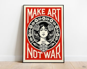 Make Art Not War Print, vintage Art Print, vintage Poster, Download Art, Instant Art, Red Poster Art, Old Poster, Printable Art Poster