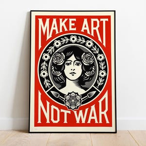 Impresión de Make Art Not War, impresión de arte vintage, póster vintage, descarga de arte, arte instantáneo, arte de póster rojo, póster antiguo, póster de arte imprimible
