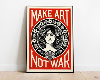 Pôster vintage "Faça Arte, Não Guerra", impressão de propaganda vermelha (download digital)