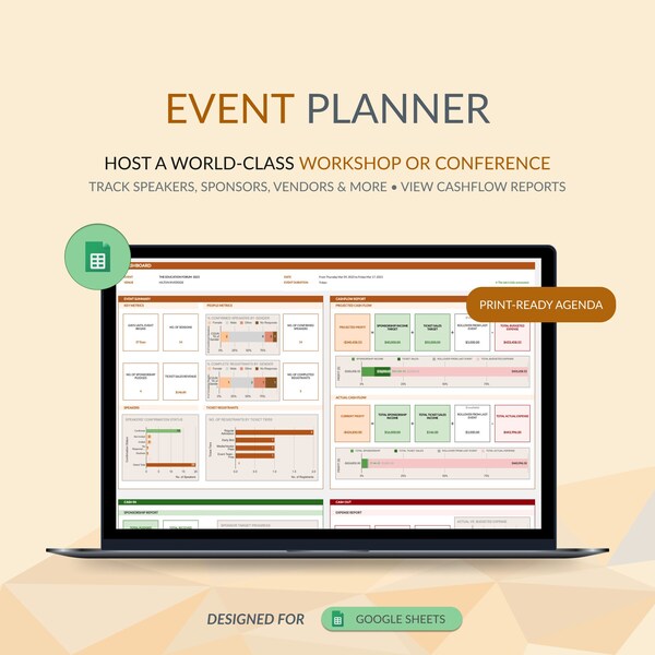 Event Planner Vorlage, Google Sheet | Event planen, Budget, Cashflow, Redner, Sponsoren, Vendoren, Kalender, automatisiertes Dashboard verfolgen