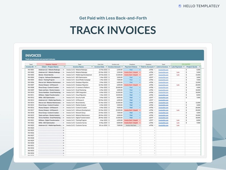 client tracker template, google sheets, excel, spreadsheet, lead management, project management, project tracker, invoice tracker, service client dashboard, business KPI, business performance tracking, customer conversion, customer segmentation