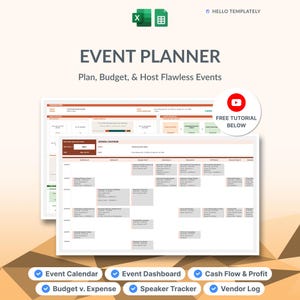 May include: An event planner digital template featuring an event dashboard and agenda calendar. Text includes EVENT PLANNER, Plan, Budget, & Host Flawless Events, HELLO TEMPLATELY, FREE TUTORIAL BELOW, and labels for Event Calendar, Dashboard, Cash Flow, Budget, Speaker Tracker, and Vendor Log.