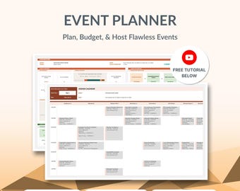 May include: An event planner digital template featuring an event dashboard and agenda calendar. Text includes EVENT PLANNER, Plan, Budget, & Host Flawless Events, HELLO TEMPLATELY, FREE TUTORIAL BELOW, and labels for Event Calendar, Dashboard, Cash Flow, Budget, Speaker Tracker, and Vendor Log.