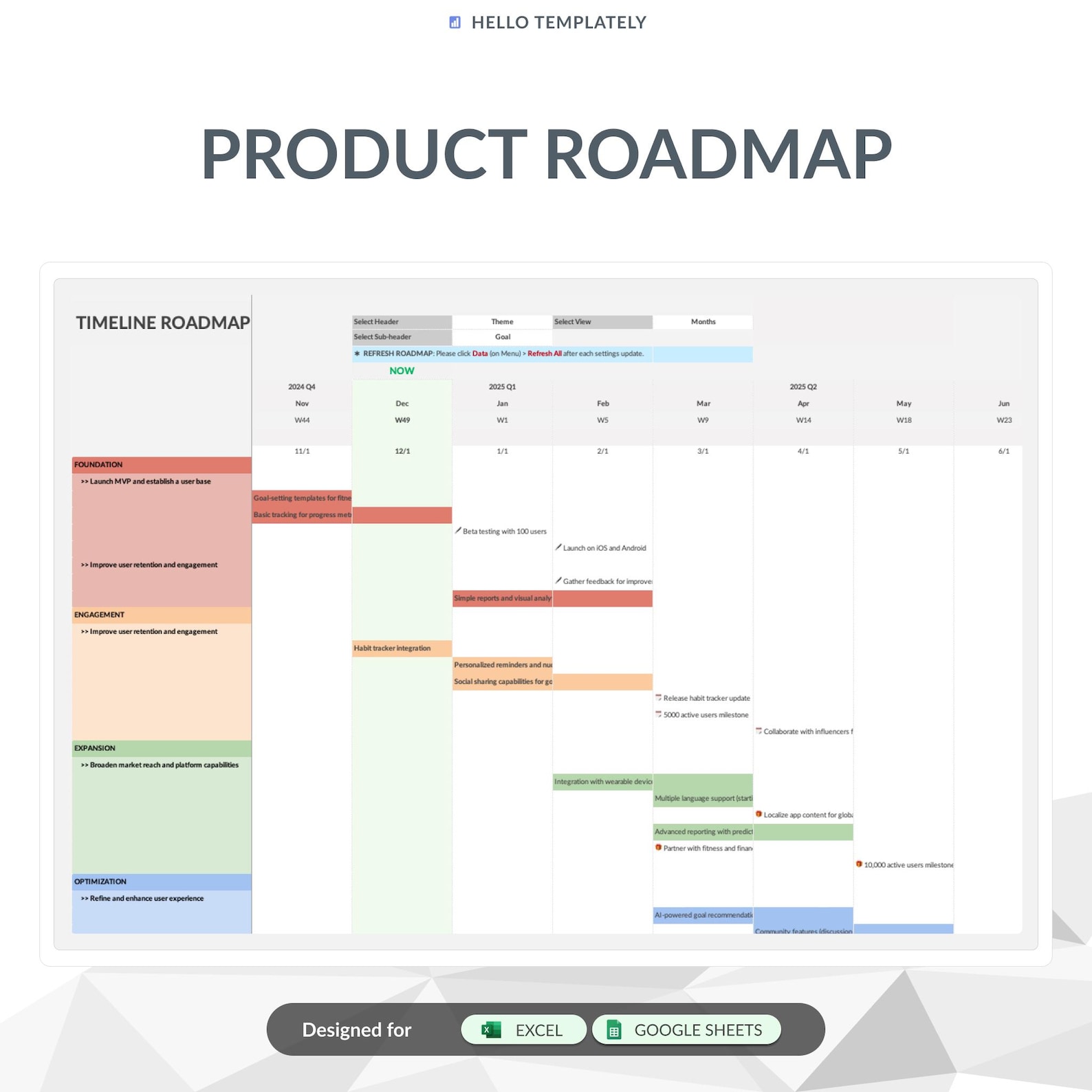 Product Roadmap Template, Timeline Kanban, Google Sheets & Excel