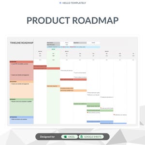 Roteiro do produto, Planilhas Google e Excel | Lançamento com cronogramas codificados por cores, Kanbans ágeis, marcos personalizáveis, KPI de campanha