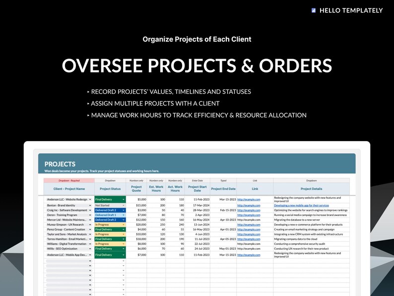 client tracker template, google sheets, excel, spreadsheet, lead management, project management, project tracker, invoice tracker, service client dashboard, business KPI, business performance tracking, customer conversion, customer segmentation