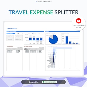May include: A screenshot of a Google Sheet spreadsheet template designed for tracking travel expenses. The spreadsheet includes sections for group expense summary, latest balances, settlement actions, insights, and top expense categories. The spreadsheet is designed to help users track and split travel expenses among a group of people.