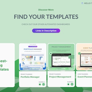 May include: A website screenshot showing three different templates for project planning, portfolio management, and event planning. The templates are displayed on computer screens with a green background. The text "Find Your Templates" is displayed in large, bold letters at the top of the page.