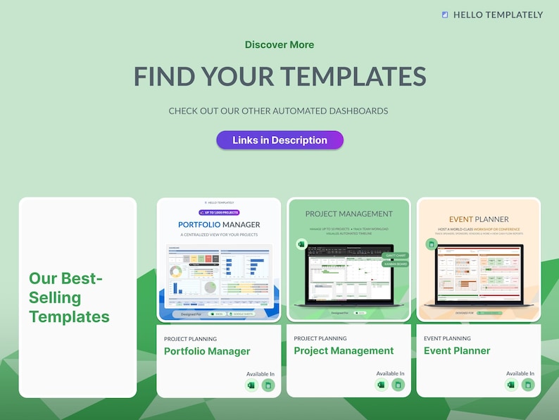 May include: A website screenshot showing three different templates for project planning, portfolio management, and event planning. The templates are displayed on computer screens with a green background. The text "Find Your Templates" is displayed in large, bold letters at the top of the page.