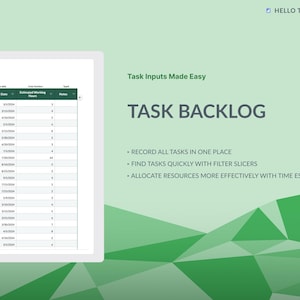 May include: A green and white digital spreadsheet with the title "Task Inputs Made Easy" and the heading "Task Backlog". The spreadsheet has columns for start date, due date, estimated working hours, and notes. The text below the spreadsheet reads: "Record all tasks in one place", "Find tasks quickly with filter slicers", and "Allocate resources more effectively with time estimates".