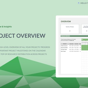 May include: A green and white project management template with the title "Project Overview". The template includes a timeline overview with a Gantt chart, a section for project details, and a section for project milestones.
