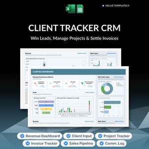 May include: A digital Client Tracker CRM template featuring a Clientele Dashboard with business performance metrics, revenue charts, project trackers, and invoice management tools. The interface displays data visualizations, including pie and bar graphs, with text labels for sales pipelines and client types.