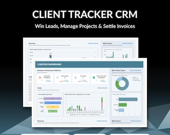 May include: A digital Client Tracker CRM template featuring a Clientele Dashboard with business performance metrics, revenue charts, project trackers, and invoice management tools. The interface displays data visualizations, including pie and bar graphs, with text labels for sales pipelines and client types.