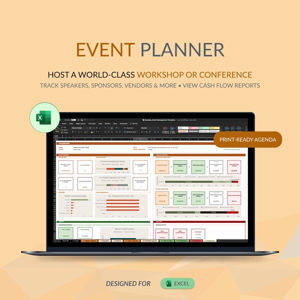 Event Planner Template, EXCEL | Plan Event, Manage Budget, Cashflow, Track Speakers, Sponsors, Vendors, Calendar, Automated Dashboard