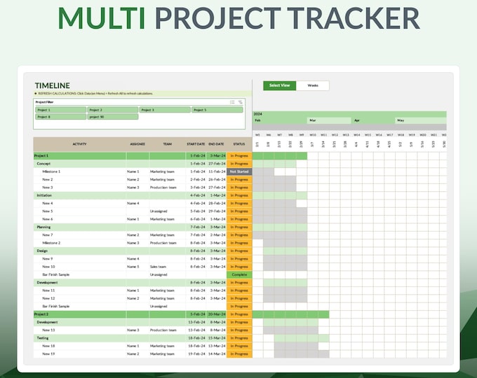 Multi Project Planner 100 Pro Management Dashboard | Excel Gantt ...