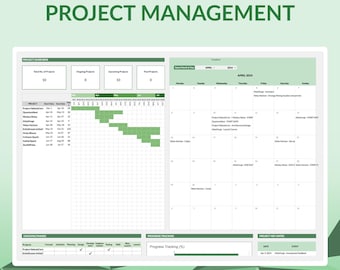 May include: A green and white project management template for Google Sheets. The template includes a project overview, a Gantt chart, a calendar, and a progress tracking section. The template is designed to help users manage their projects effectively.