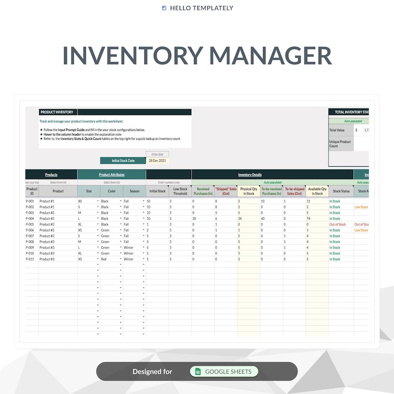 Inventory Stats Google Sheets Automated Inventory Manager | Small Business Stock ...