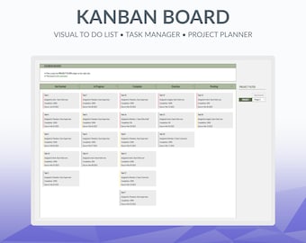 Kanban Board Excel Template | Task Tracker Project Management Productivity Planner Work Organizer Google Sheets