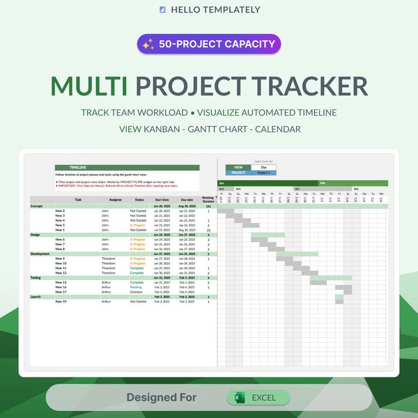 Multi Project Tracker, EXCEL | Project Management Dashboard, Workload, Resource Planning, Gantt Timeline, Kanban, Task Manager, To Do List