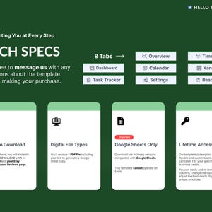 May include: Green and white graphic with the text "TECH SPECS" and a description of the features of a Google Sheets template. The template includes 8 tabs: Overview, Timeline, Dashboard, Calendar, Kanban, Task Tracker, Settings, and Read Me. The template is compatible with Google Sheets and includes a download link. The template is designed to be flexible and customizable.