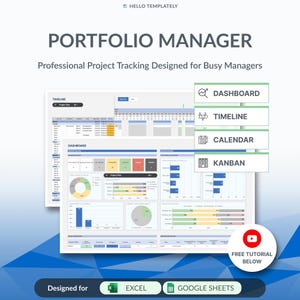 Plantilla de Excel y Google Sheets para gestor de cartera / Hoja de cálculo para gestión de proyectos / Panel de control de seguimiento de tareas / Diagrama de Gantt / Tablero Kanban / Calendario