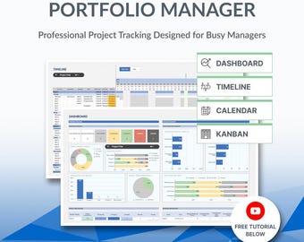 Portfolio Manager Excel Google Sheets Template | Project Management Spreadsheet Task Tracker Dashboard Gantt Chart Kanban Board Calendar
