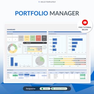 Könnte beinhalten: Ein digitales Dashboard mit dem Titel Portfolio Manager, das Projektverfolgungsdaten mit Balkendiagrammen, Tortendiagrammen und Tabellen anzeigt. Die Benutzeroberfläche enthält Abschnitte für Fortschrittszusammenfassungen, Teamarbeitslast und Aufgabenstatus sowie Beschriftungen für Excel und Google Sheets.