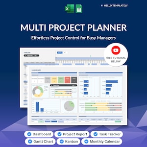 May include: A digital multi-project planner template featuring a dashboard with charts, graphs, and task tracking tools. The interface displays project timelines, status summaries, and progress bars. Text includes "MULTI PROJECT PLANNER" and "FREE TUTORIAL BELOW".