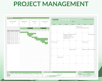 May include: A green and white project management template for Excel. The template includes a Gantt chart, a calendar, and a project summary table. The template is designed to help users plan, track, and manage projects.