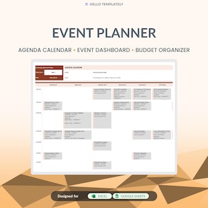Puede incluir: Una plantilla digital de planificador de eventos que incluye calendario de agenda, panel de control de eventos y organizador de presupuesto. La interfaz muestra una cuadrícula de horarios detallada para Excel y Google Sheets.