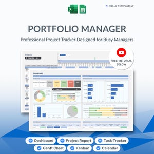 Portfolio Manager Excel Google Sheets Template | Project Management Spreadsheet Task Tracker Dashboard Gantt Chart Kanban Board Calendar