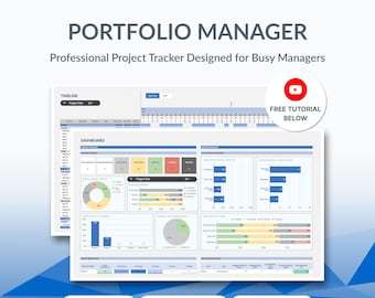 May include: A digital portfolio manager project tracker template featuring Excel and Google Sheets icons. The interface displays a dashboard with charts, a timeline, and project status metrics. Text includes PORTFOLIO MANAGER, Professional Project Tracker Designed for Busy Managers, and FREE TUTORIAL BELOW.