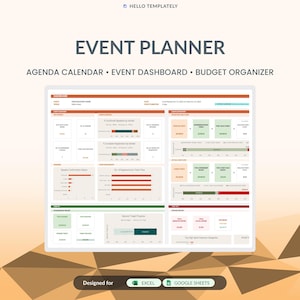 Puede incluir: Una plantilla digital de planificador de eventos para Excel y Google Sheets que incluye un panel de control, un calendario de agenda y un organizador de presupuesto. La interfaz muestra gráficos, informes financieros y métricas.